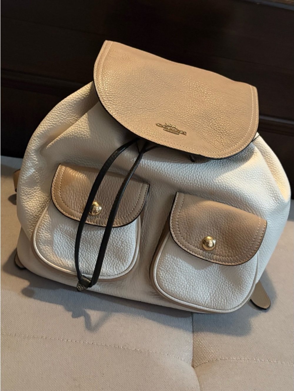 Coach Two-Tone Cream and Beige Pebbled Leather Backpack